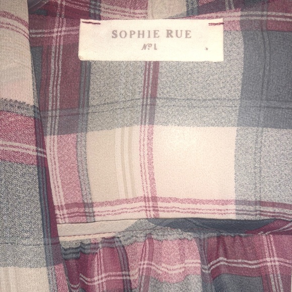 Cute gray/maroon plaid drape style top. - Picture 3 of 3